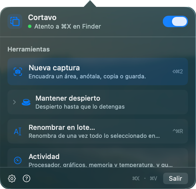 El panel de Cortavo en la barra de menús